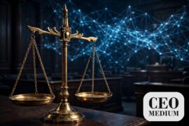 Scales of justice against a glowing AI neural network backdrop, illustrating the eight states sue OpenAI child safety lawsuits