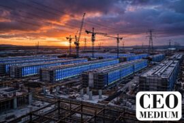 Massive data center campus under construction at dusk, illustrating the Larry Fink data center recession warning